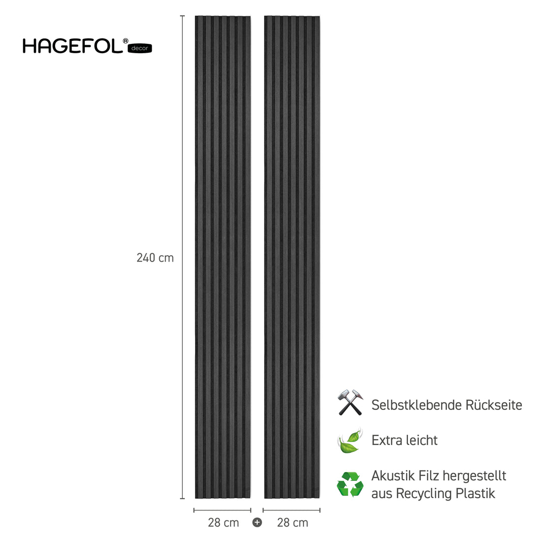 HAGEFOL® Akustikpaneele Lite, Selbstklebend, 240x56 cm, Schwarz