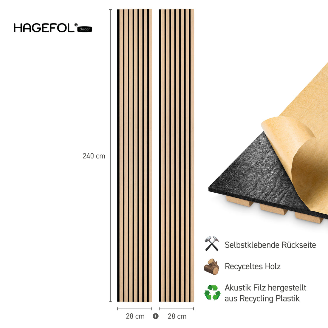 HAGEFOL® Akustikpaneele EasyFix, Selbstklebend, 240x56 cm, Eiche