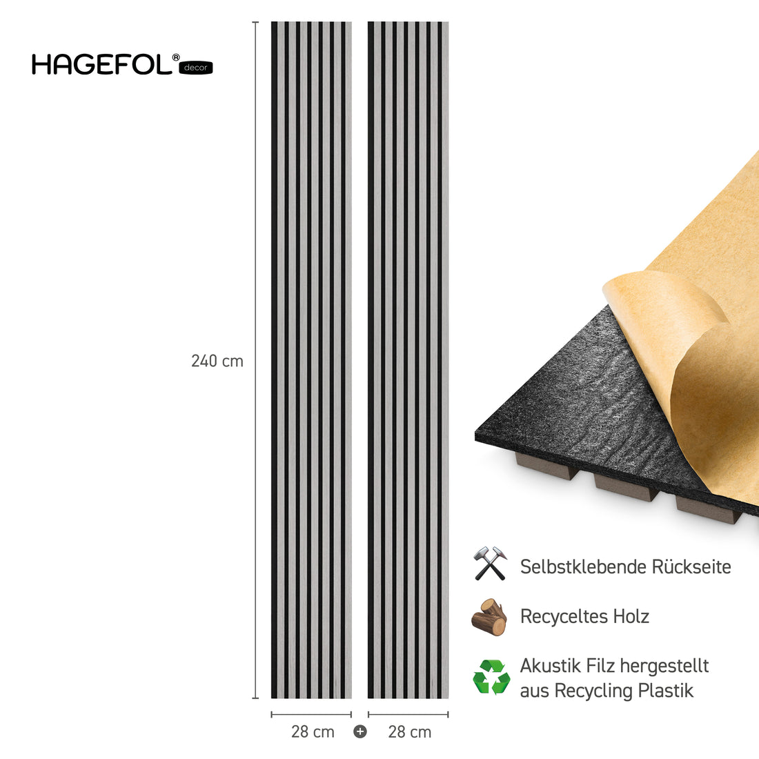 HAGEFOL® Akustikpaneele EasyFix, Selbstklebend, 240x56 cm, Grau