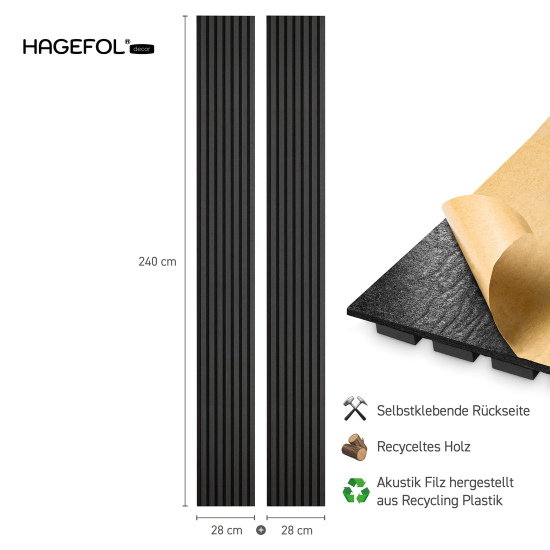 HAGEFOL® Akustikpaneele EasyFix, Selbstklebend, 240x56 cm, Schwarz