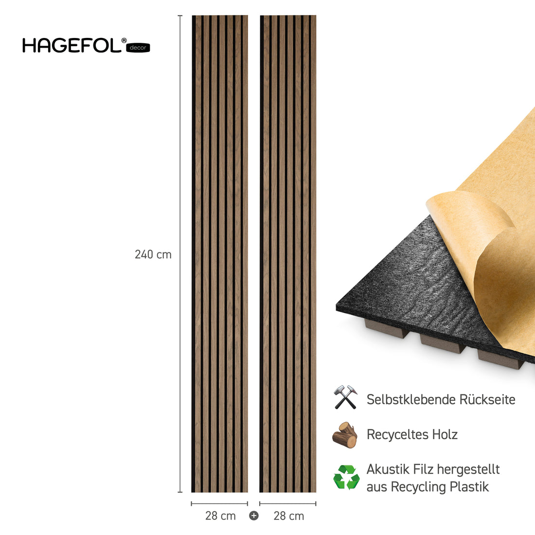 HAGEFOL® Akustikpaneele EasyFix, Selbstklebend, 240x56 cm, Walnuss